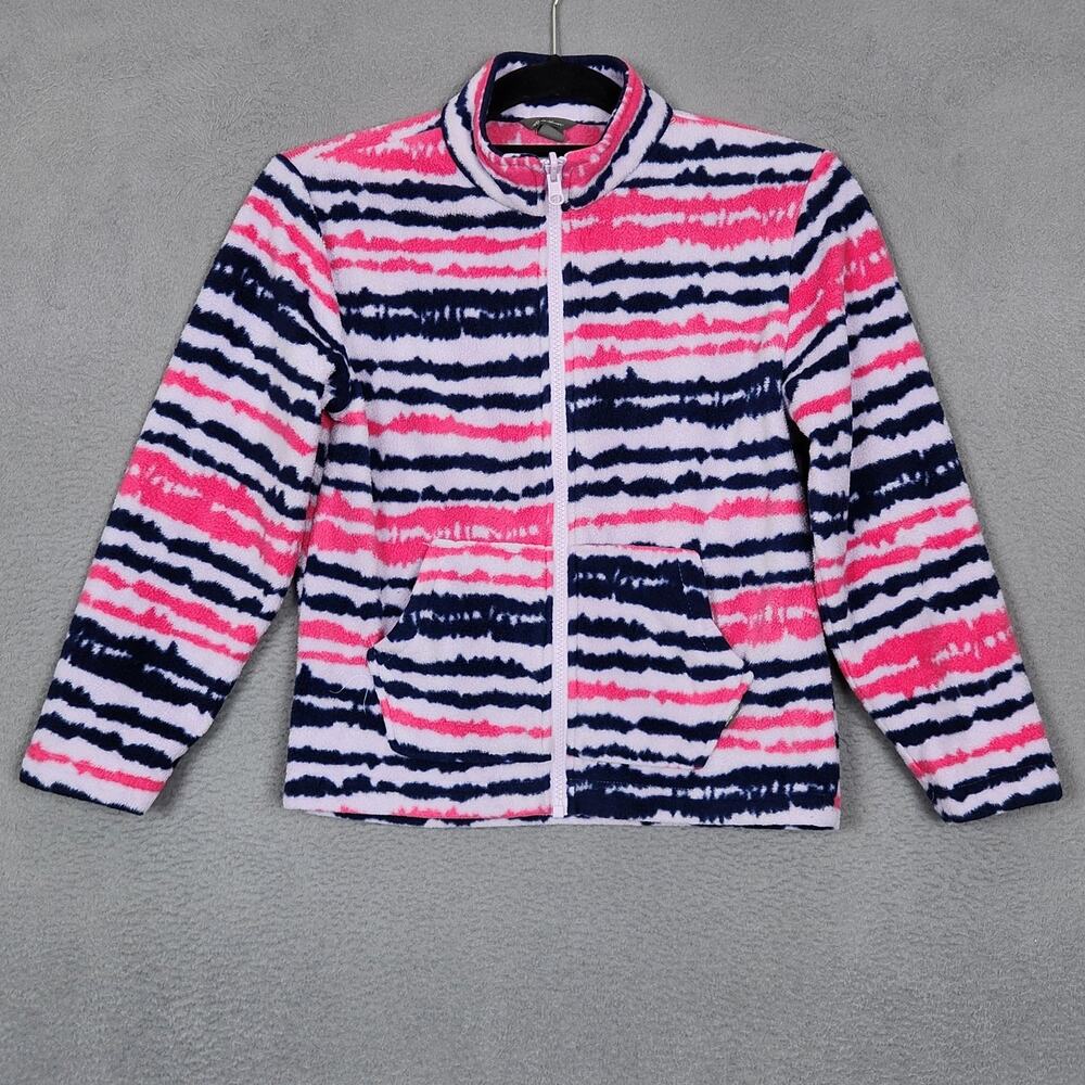 Eddie Bauer Fleece Jacket Kids Small 7/8 Pink Stripe Full Zip Pockets Warm